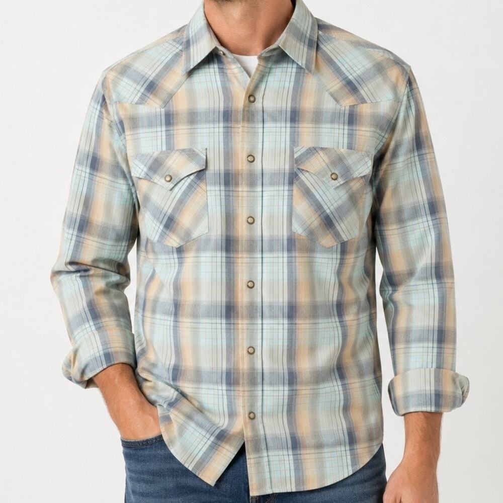 PENDLETON | Blue Tan Plaid Pearl Snap Western Shirt Long Sleeve Men’s‎ | Large